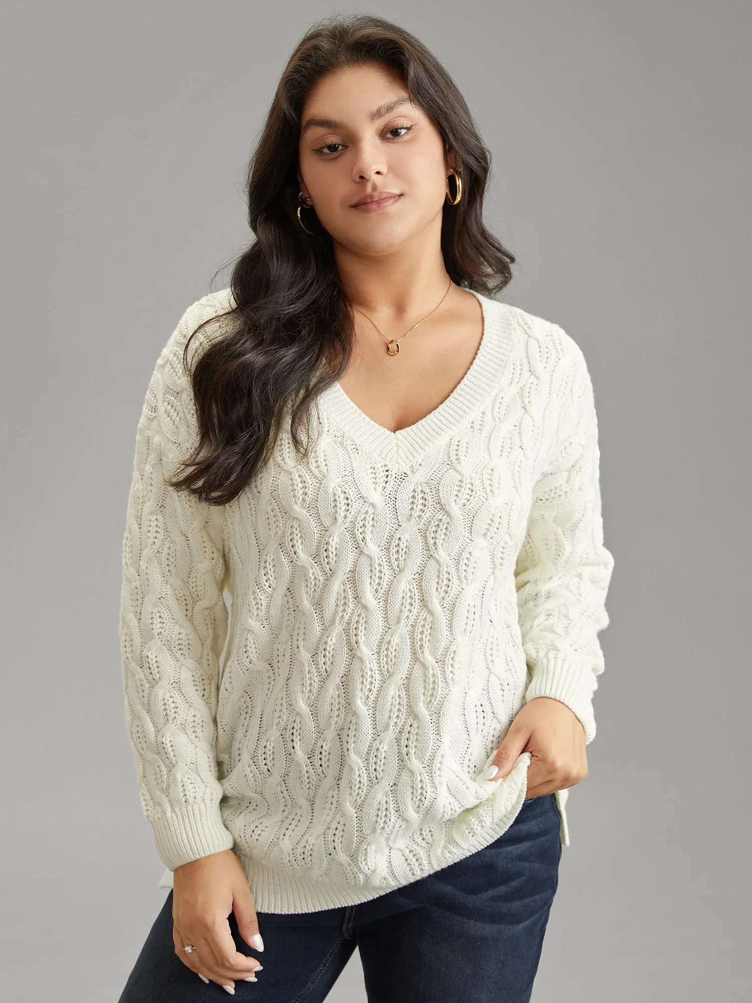 Plain V Neck Cable Knit Split Side Pullover sold by Bloomchic