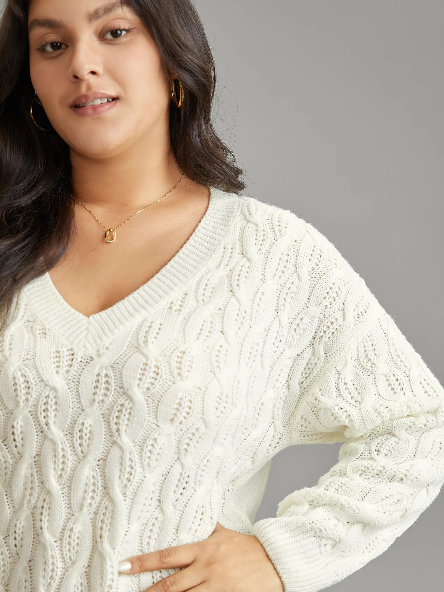 Plain V Neck Cable Knit Split Side Pullover sold by Bloomchic product image thumbnail 5