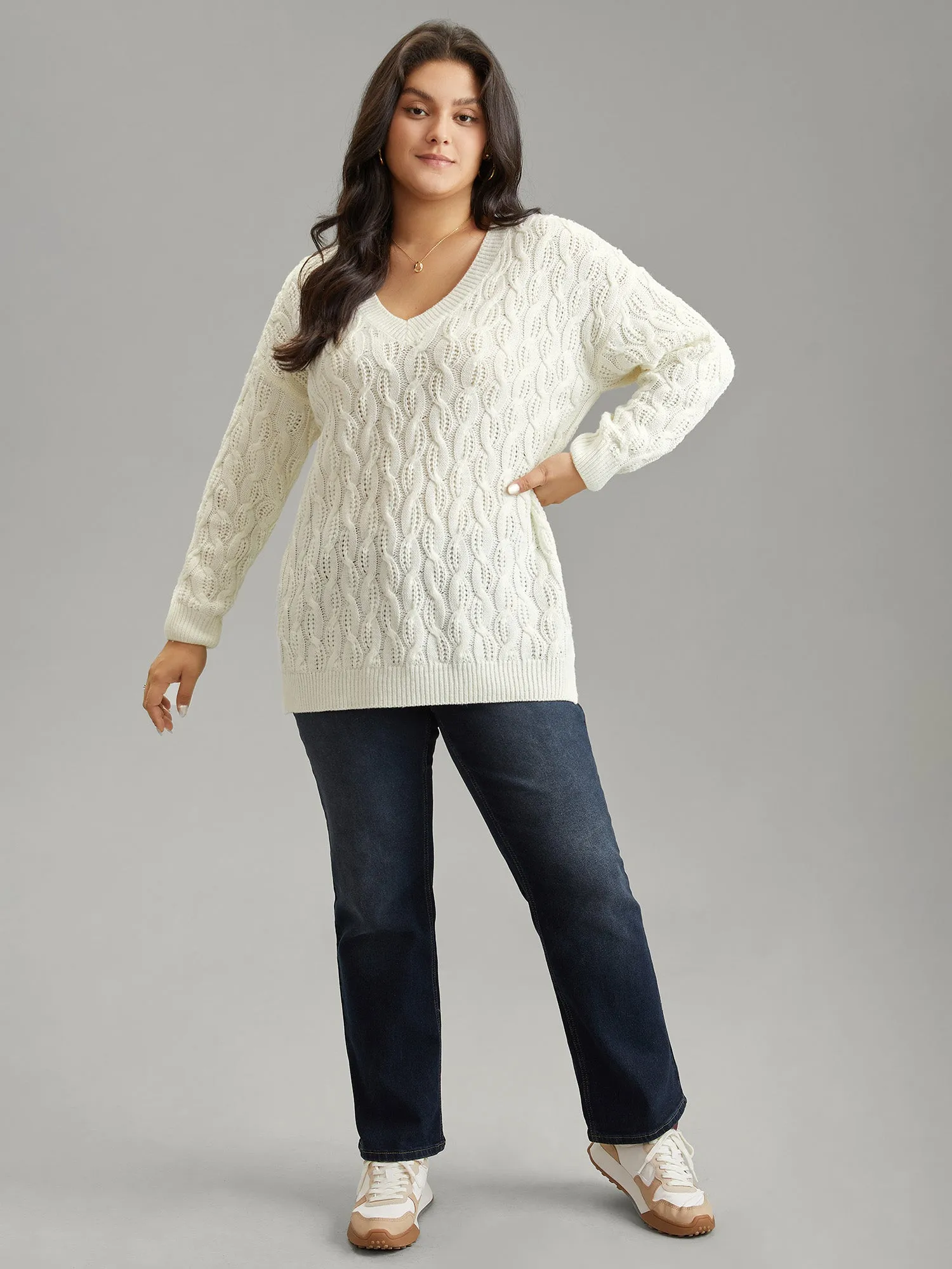 Plain V Neck Cable Knit Split Side Pullover sold by Bloomchic product image thumbnail 4