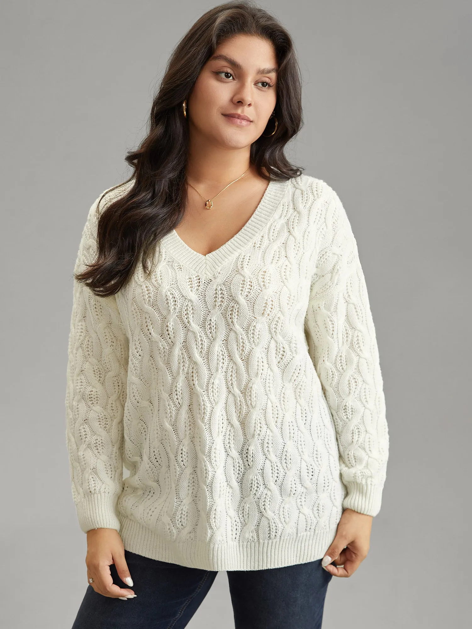 Plain V Neck Cable Knit Split Side Pullover sold by Bloomchic product image thumbnail 3