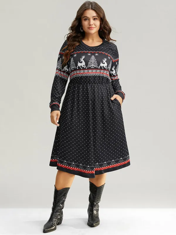 Christmas Elk Patchwork Polka Dot Pocket Dress sold by Bloomchic