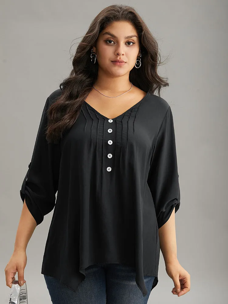 Solid Button Detail Pleated Hanky Hem Blouse sold by Bloomchic
