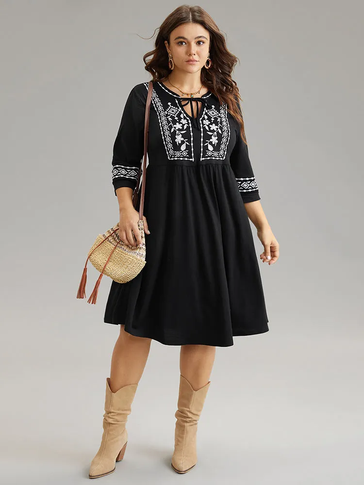Bandana Embroidered Tie Neck Gathered Dress sold by Bloomchic product image thumbnail 3