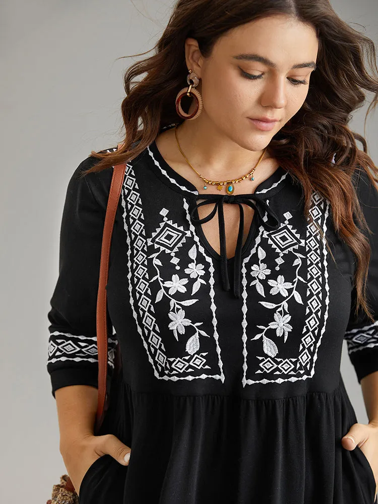 Bandana Embroidered Tie Neck Gathered Dress sold by Bloomchic product image thumbnail 5