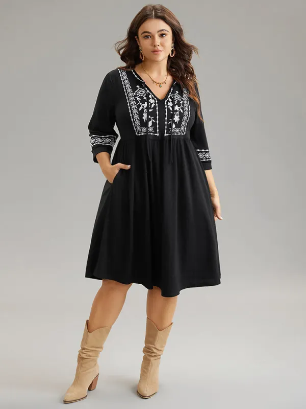Bandana Embroidered Tie Neck Gathered Dress sold by Bloomchic