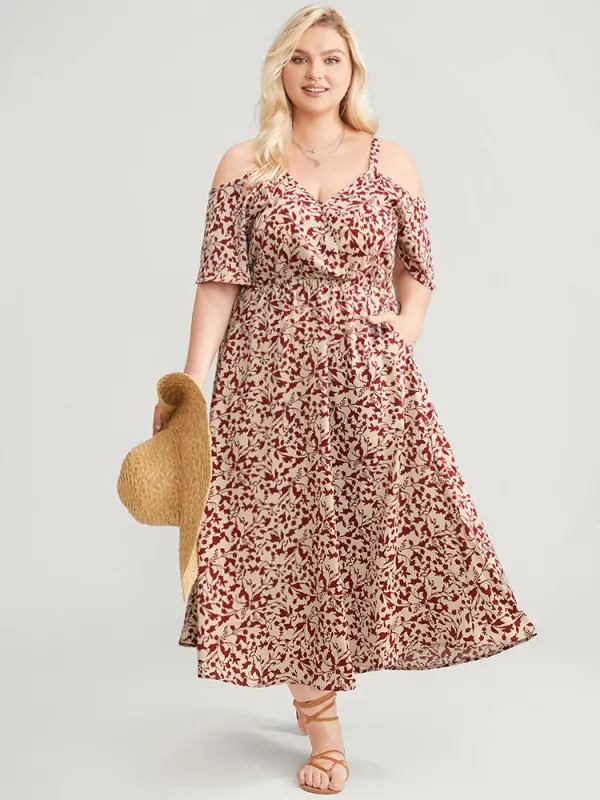 Ditsy Floral Cold Shoulder Pocket Wrap Flutter Dress sold by Bloomchic