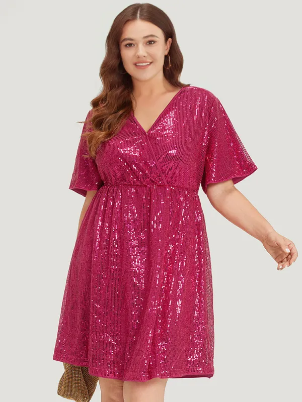 Sequin Overlap Collar Elastic Waist Dress sold by Bloomchic