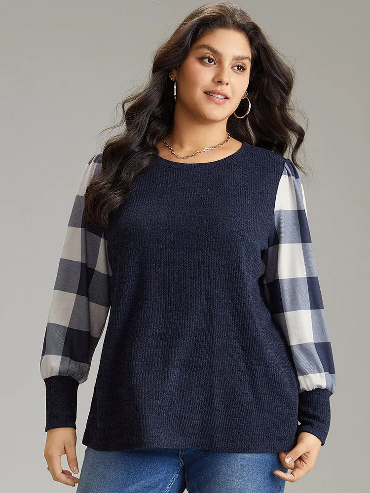 Rib Knit Plaid Patchwork Plisse Sweatshirt sold by Bloomchic product image thumbnail 2