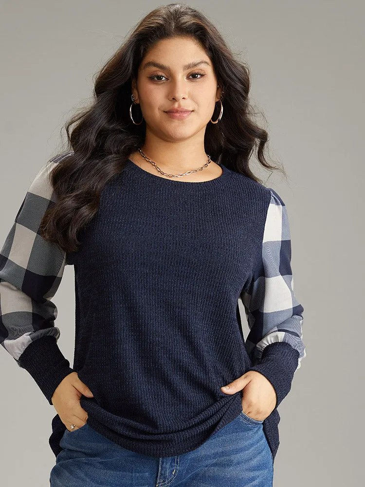Rib Knit Plaid Patchwork Plisse Sweatshirt sold by Bloomchic
