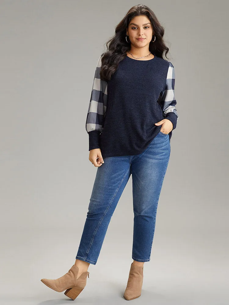 Rib Knit Plaid Patchwork Plisse Sweatshirt sold by Bloomchic product image thumbnail 4