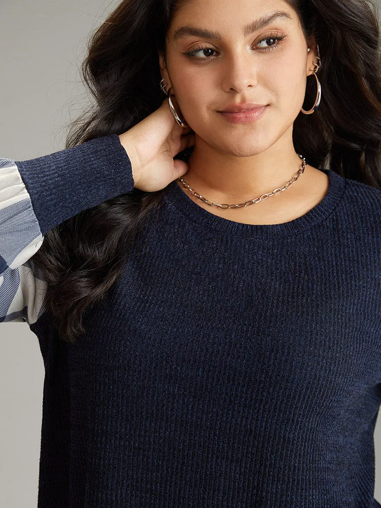 Rib Knit Plaid Patchwork Plisse Sweatshirt sold by Bloomchic product image thumbnail 3