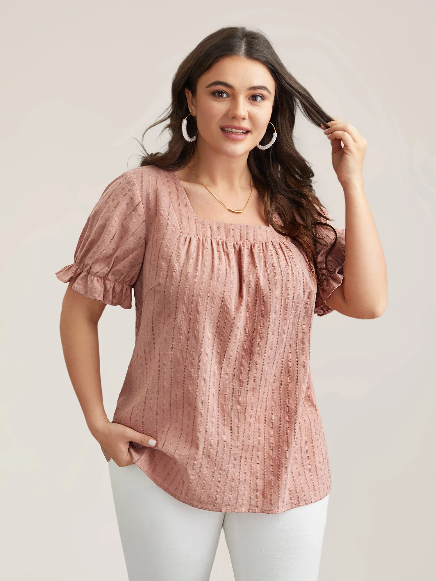Cotton Square Neck Ruffled Sleeve Shirt sold by Bloomchic