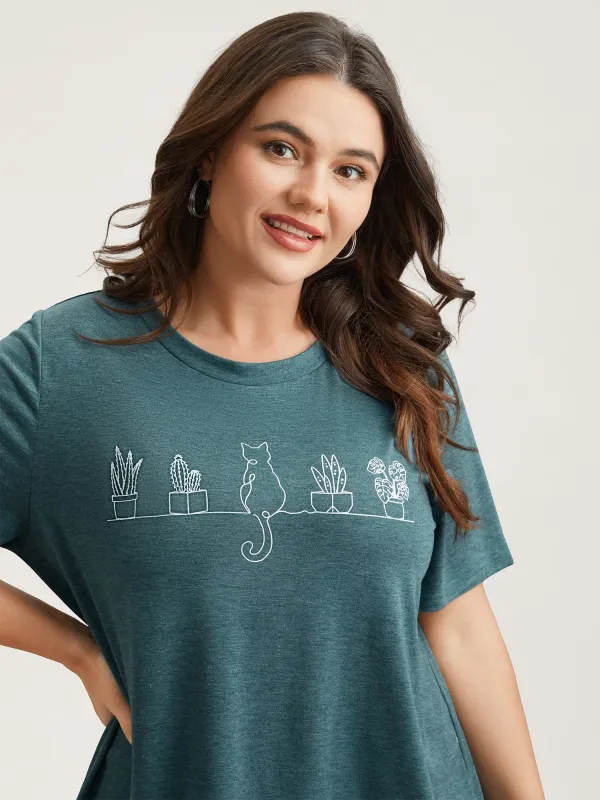 Cat Print Crew Neck Stretchy T-Shirt sold by Bloomchic