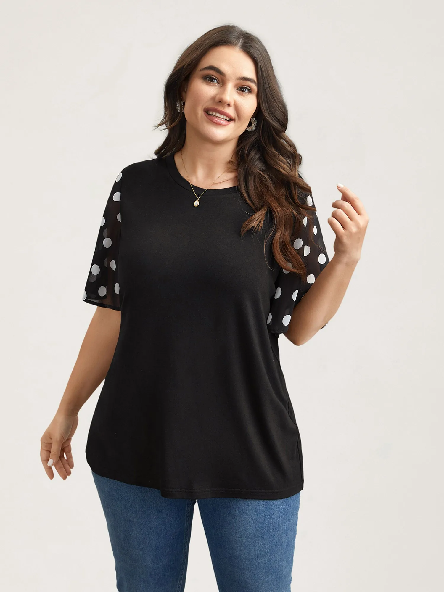 Stretchy Sheer Dot Sleeve Textured T-Shirt sold by Bloomchic product image thumbnail 4