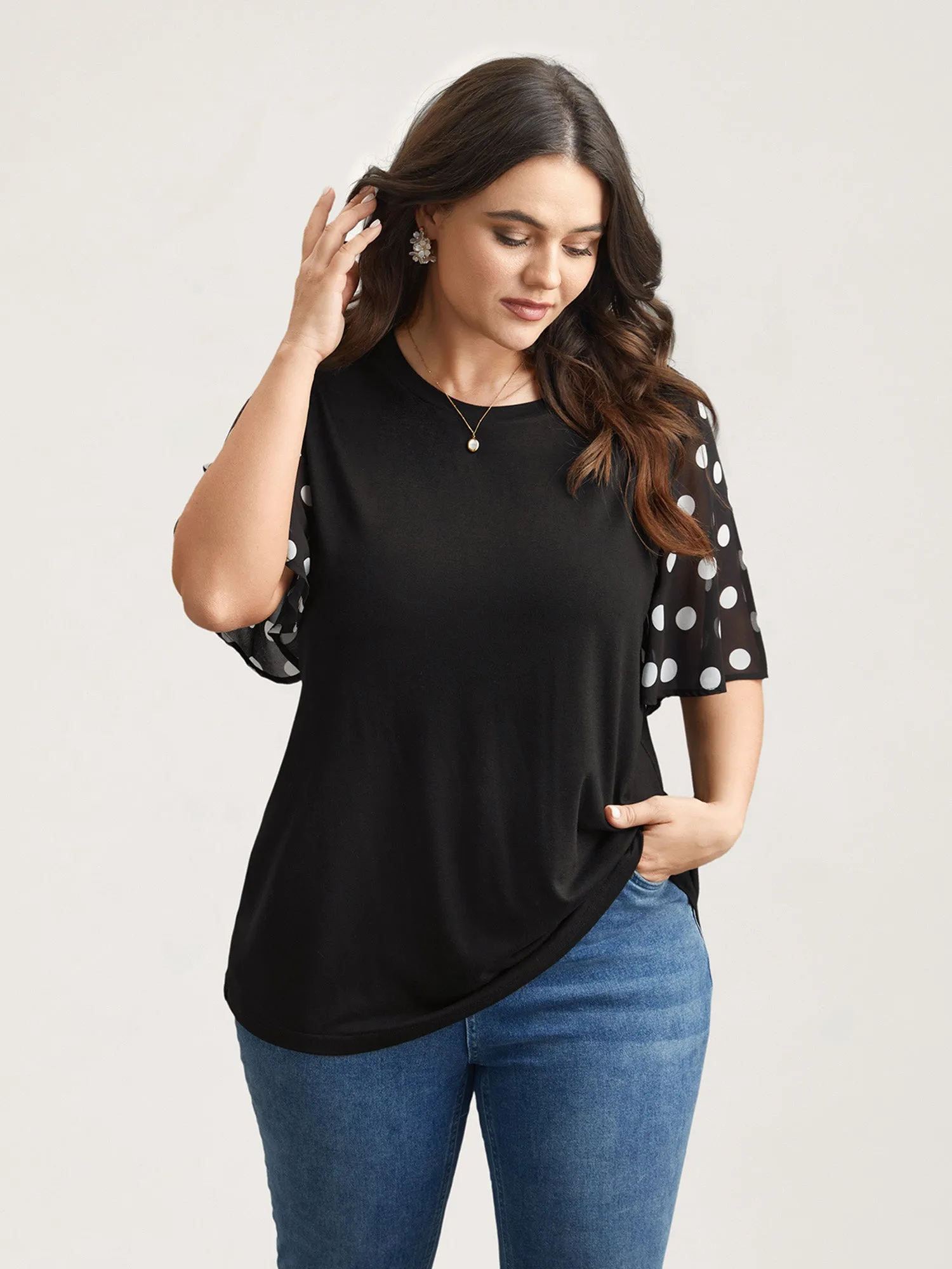 Stretchy Sheer Dot Sleeve Textured T-Shirt sold by Bloomchic product image thumbnail 3