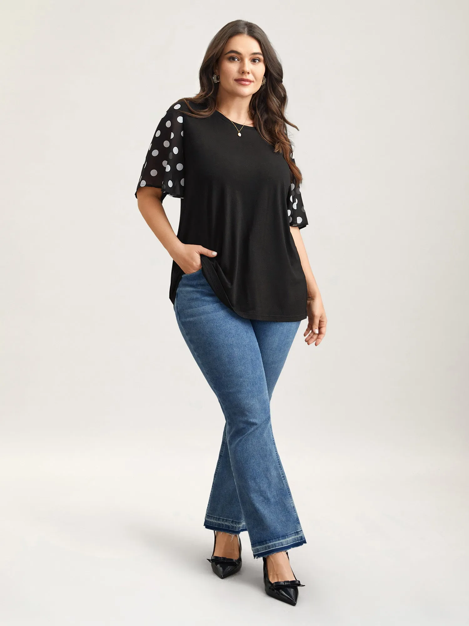 Stretchy Sheer Dot Sleeve Textured T-Shirt sold by Bloomchic product image thumbnail 2