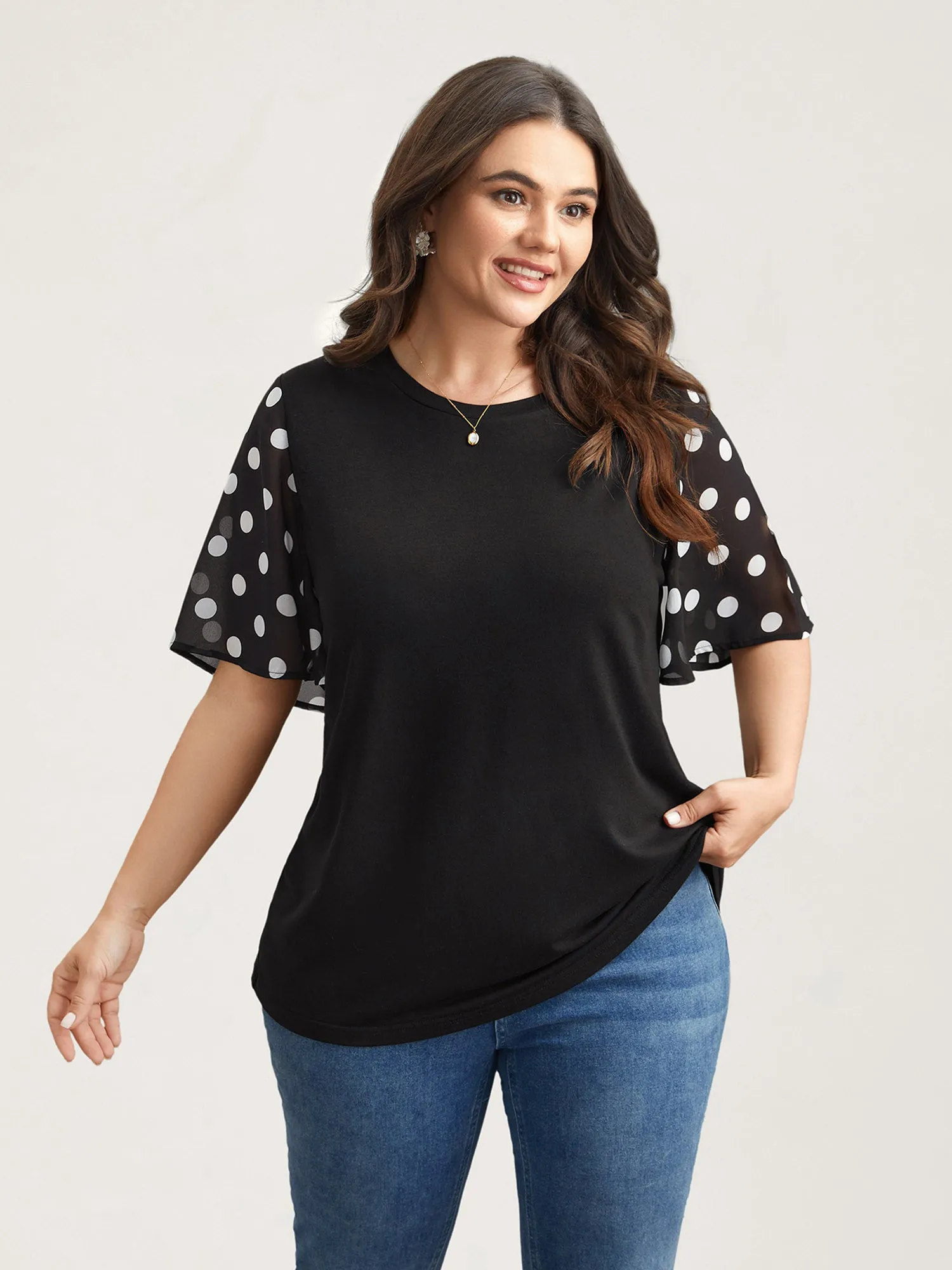 Stretchy Sheer Dot Sleeve Textured T-Shirt sold by Bloomchic