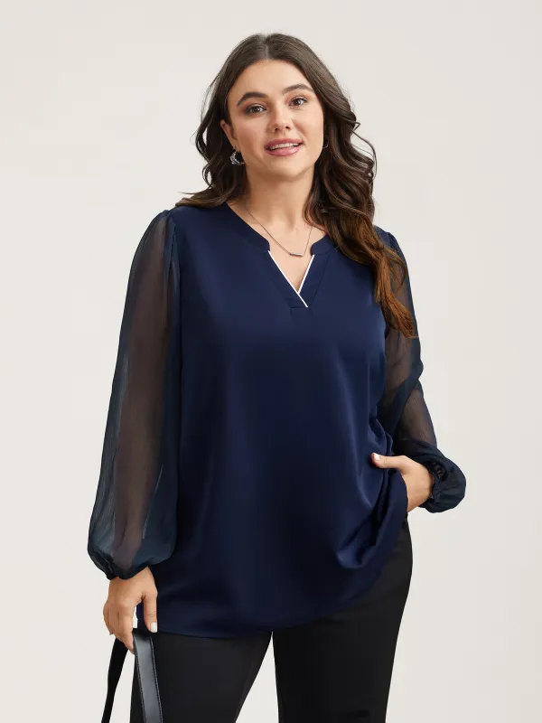 Mixed Fabric Sheer Puff Sleeve Shirt sold by Bloomchic