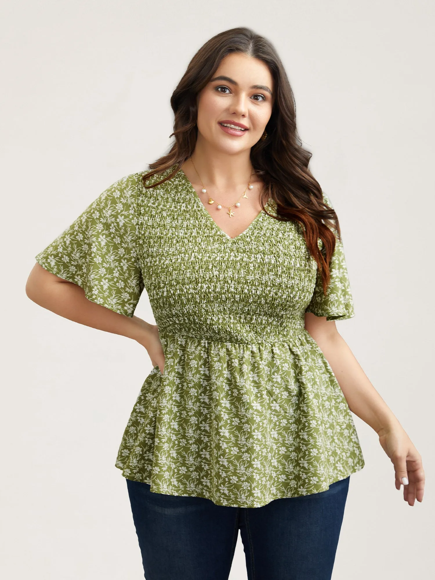 Floral Print Shirred Front Peplum Shirt sold by Bloomchic product image thumbnail 3