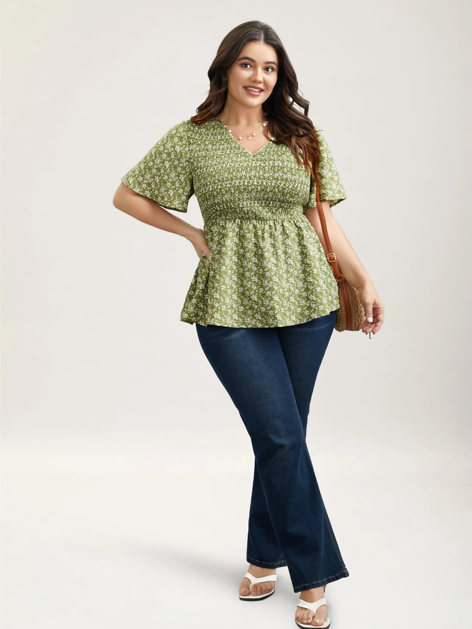Floral Print Shirred Front Peplum Shirt sold by Bloomchic product image thumbnail 2