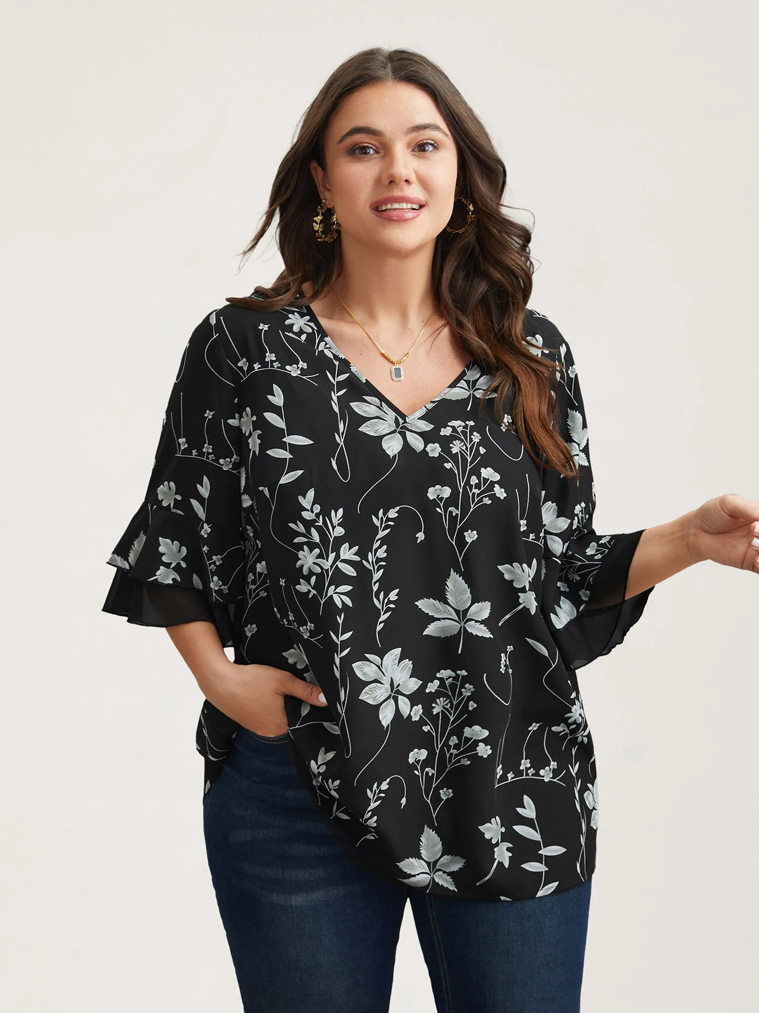 Floral Print Ruffled V-Neck Shirt sold by Bloomchic