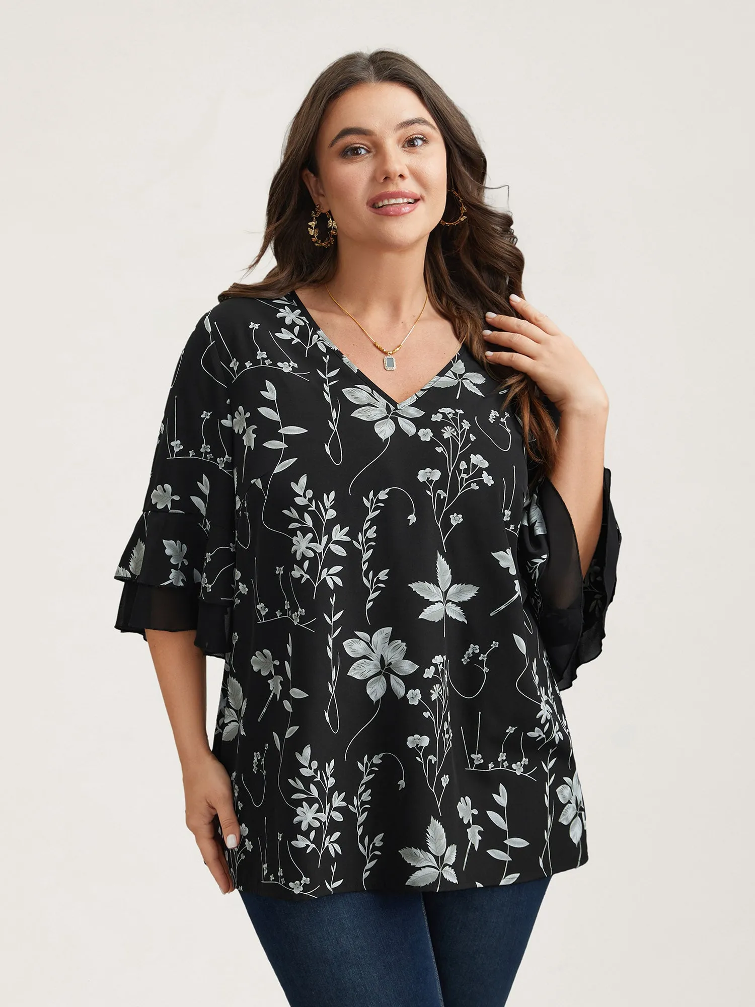 Floral Print Ruffled V-Neck Shirt sold by Bloomchic product image thumbnail 4