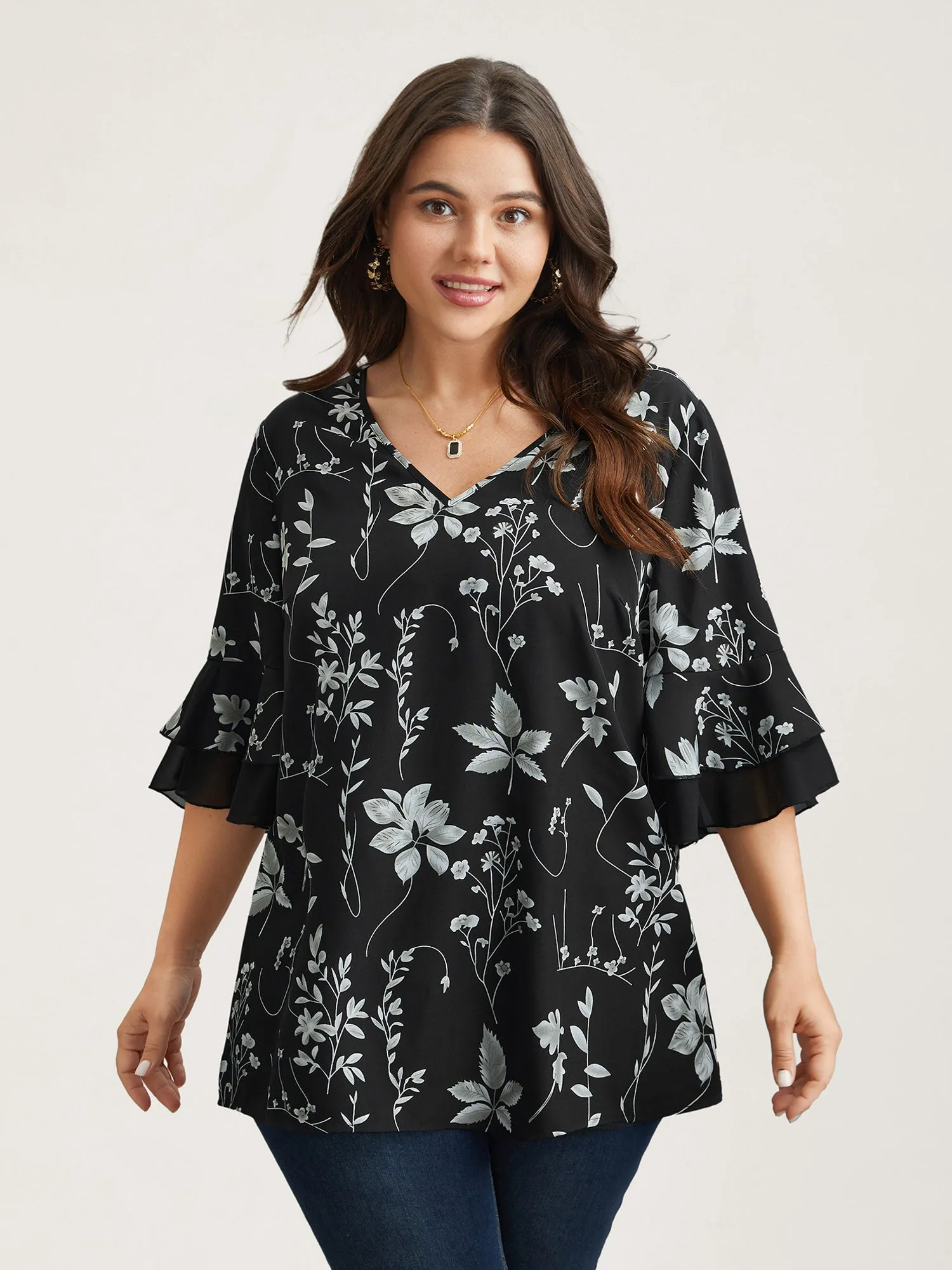 Floral Print Ruffled V-Neck Shirt sold by Bloomchic product image thumbnail 3