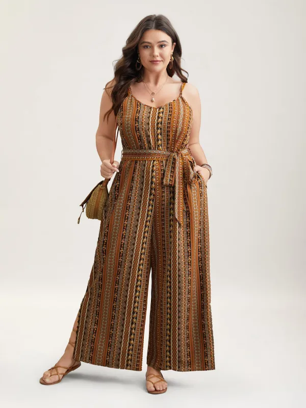 Boho Stripes Belted Straight Leg Jumpsuit sold by Bloomchic