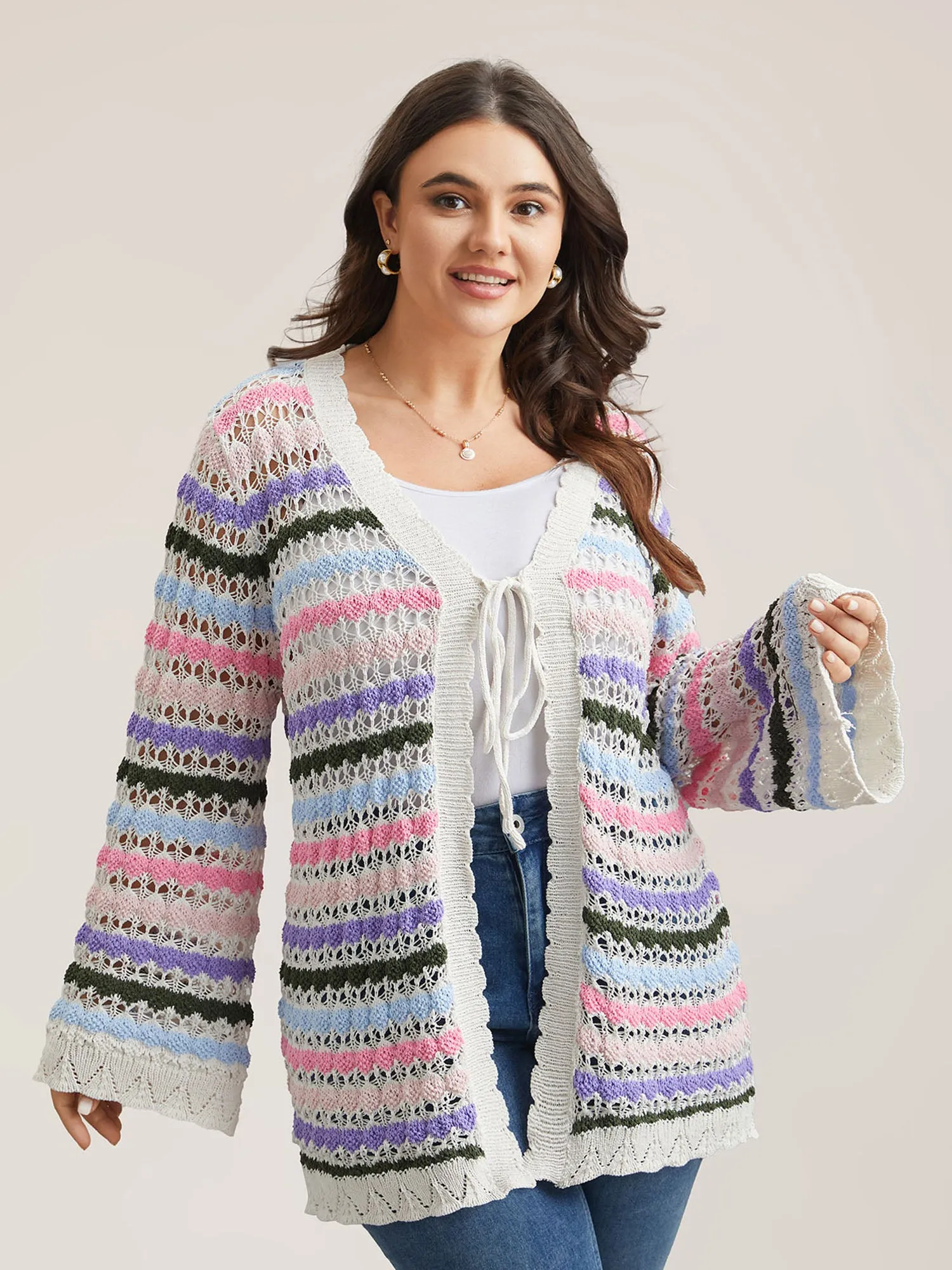 Cut-Out Multi-Color Lace Trim Cardigan sold by Bloomchic