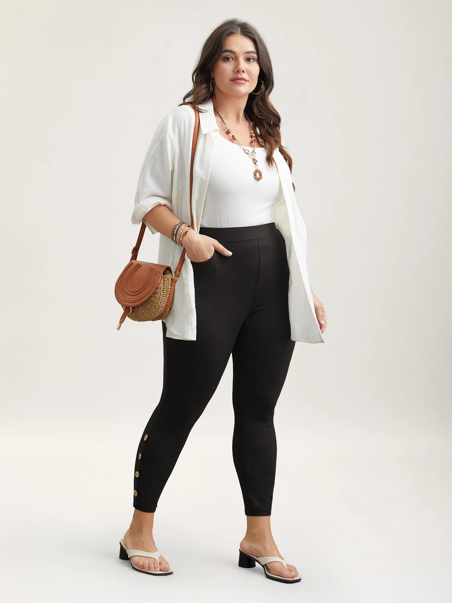 Button Detail Mid-Rise Skinny-Fit Pants sold by Bloomchic product image thumbnail 2