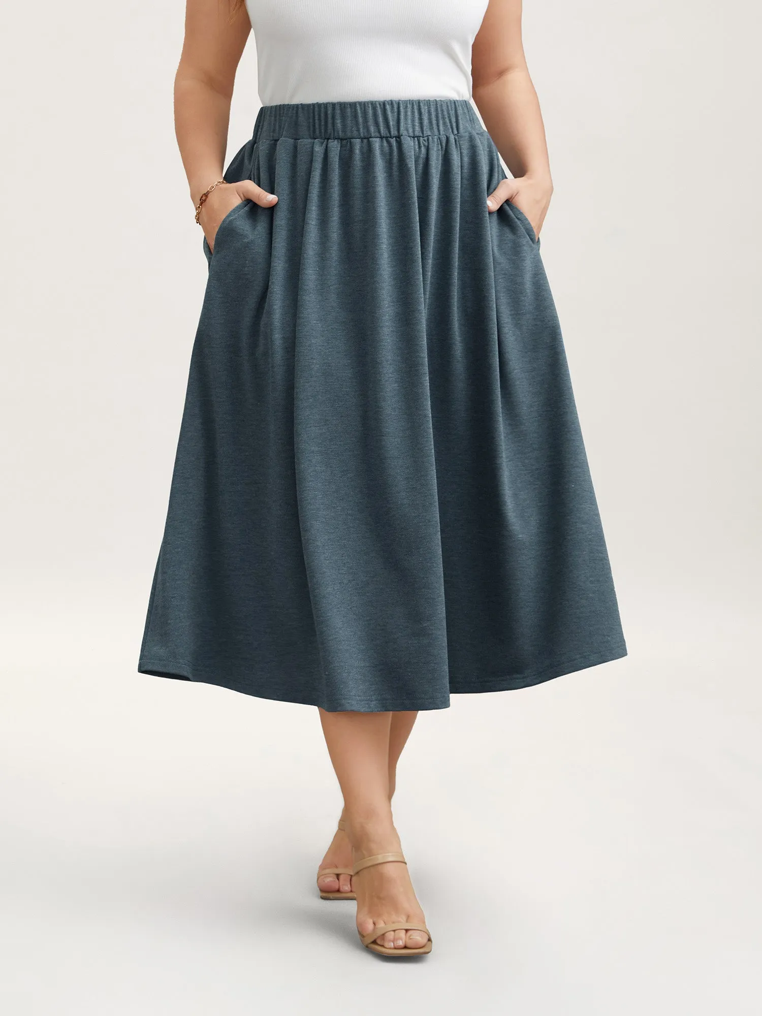 Heather Stretchy-Waist Pleated Midi Skirt sold by Bloomchic