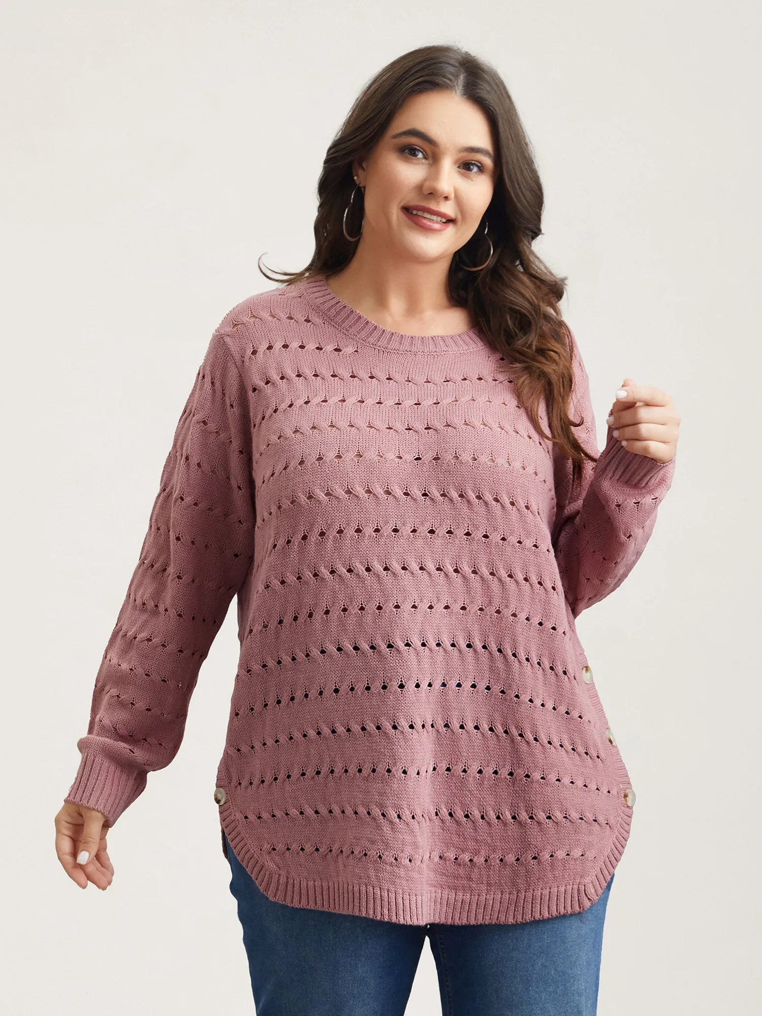 Cut-Out Buttons Round Neck Pullover sold by Bloomchic