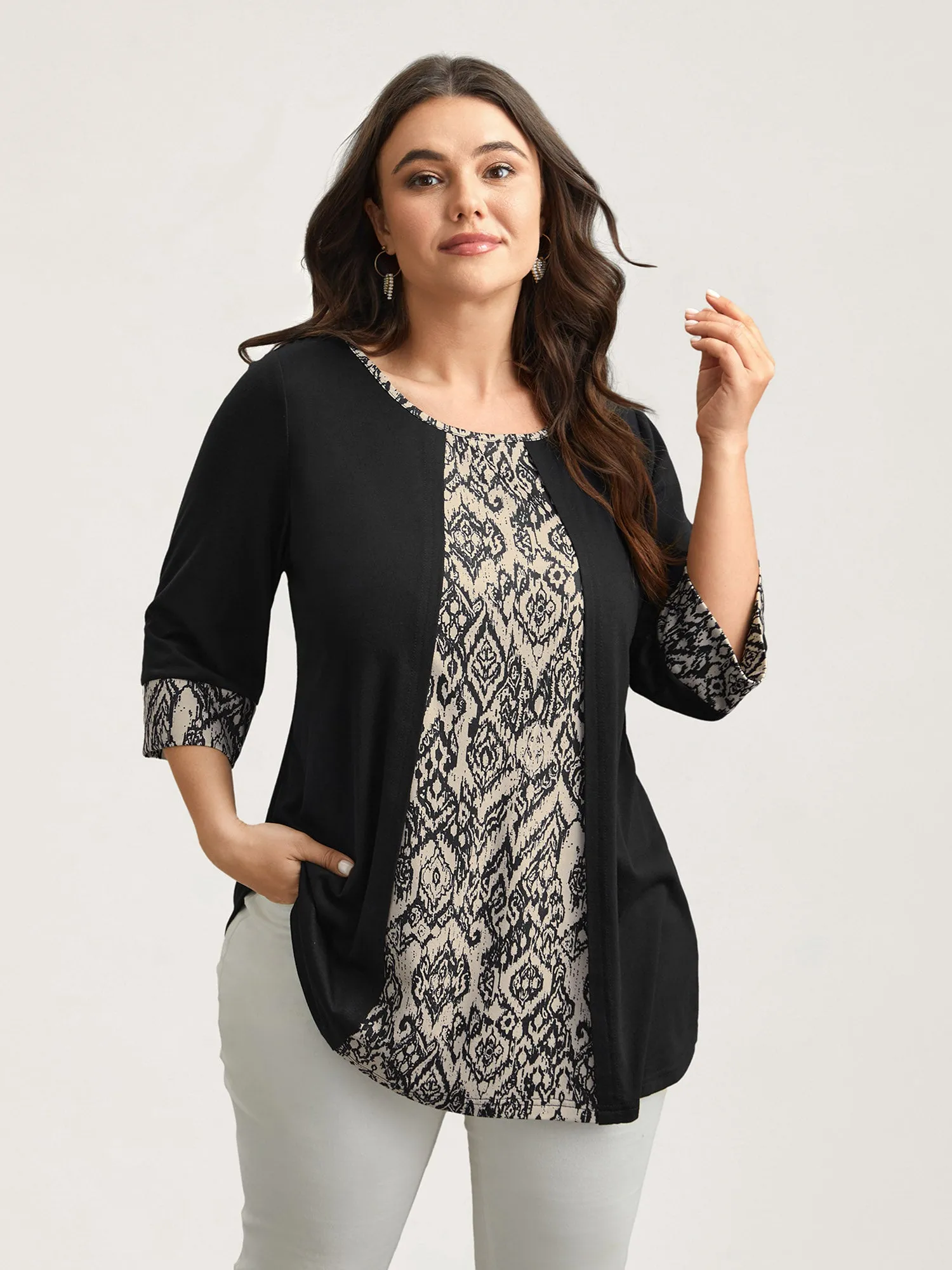 Print Patchwork Round Neck Knit Top sold by Bloomchic product image thumbnail 2