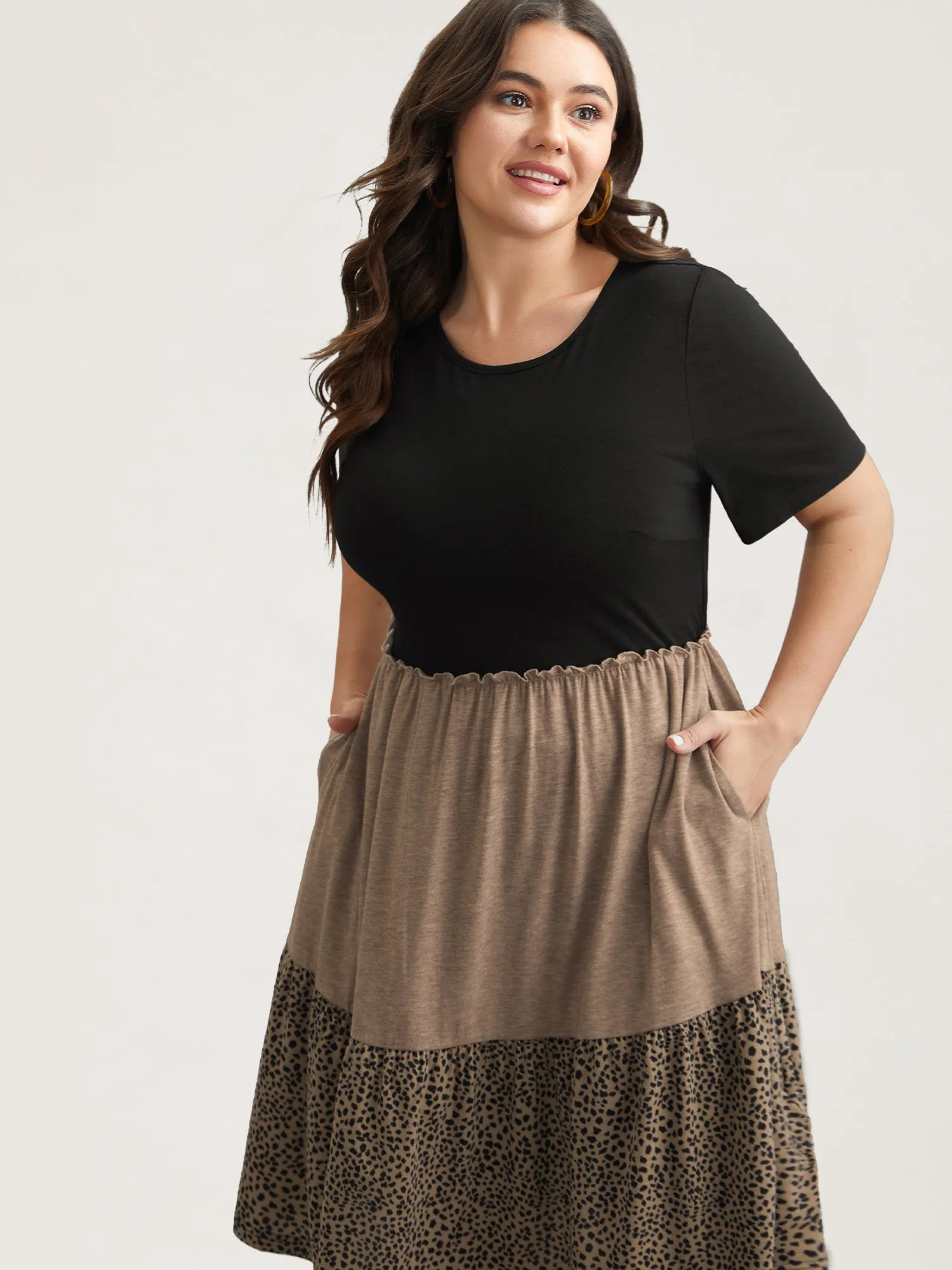 Leopard Print Color-Block Pockets Midi Dress sold by Bloomchic