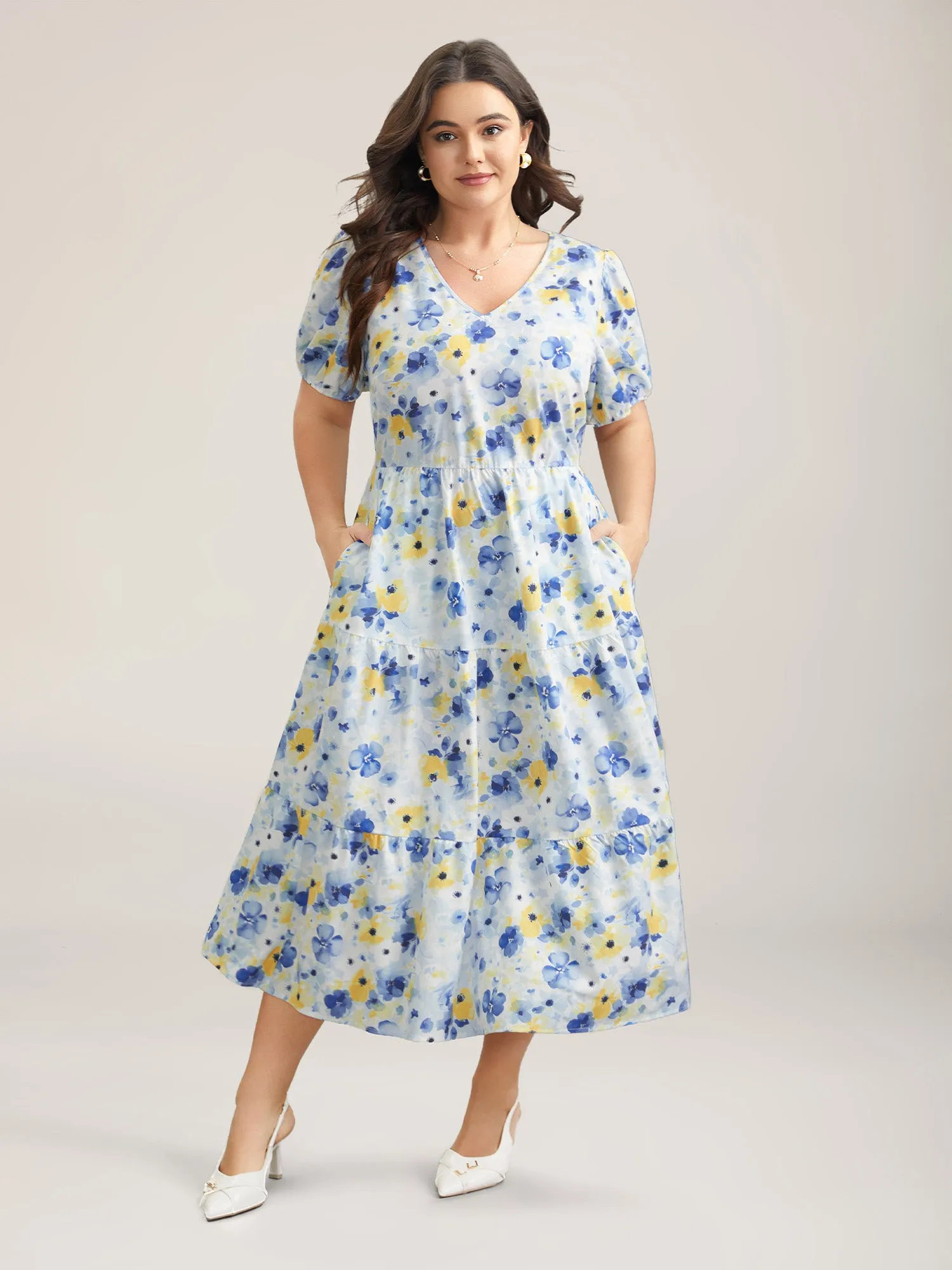 Blooming Flowers Puff Sleeve Stretchy-Waist Dress sold by Bloomchic product image thumbnail 3