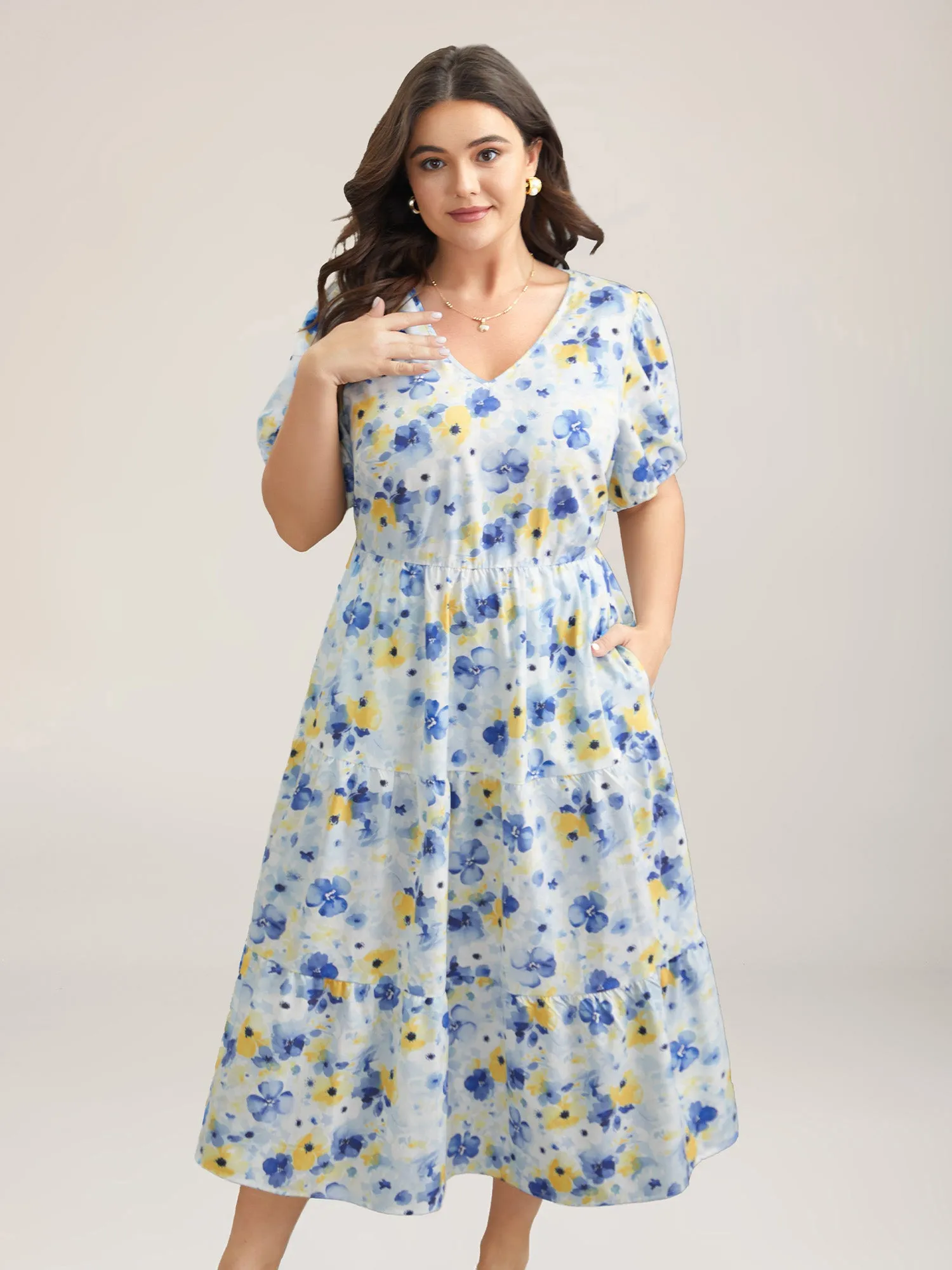 Blooming Flowers Puff Sleeve Stretchy-Waist Dress sold by Bloomchic