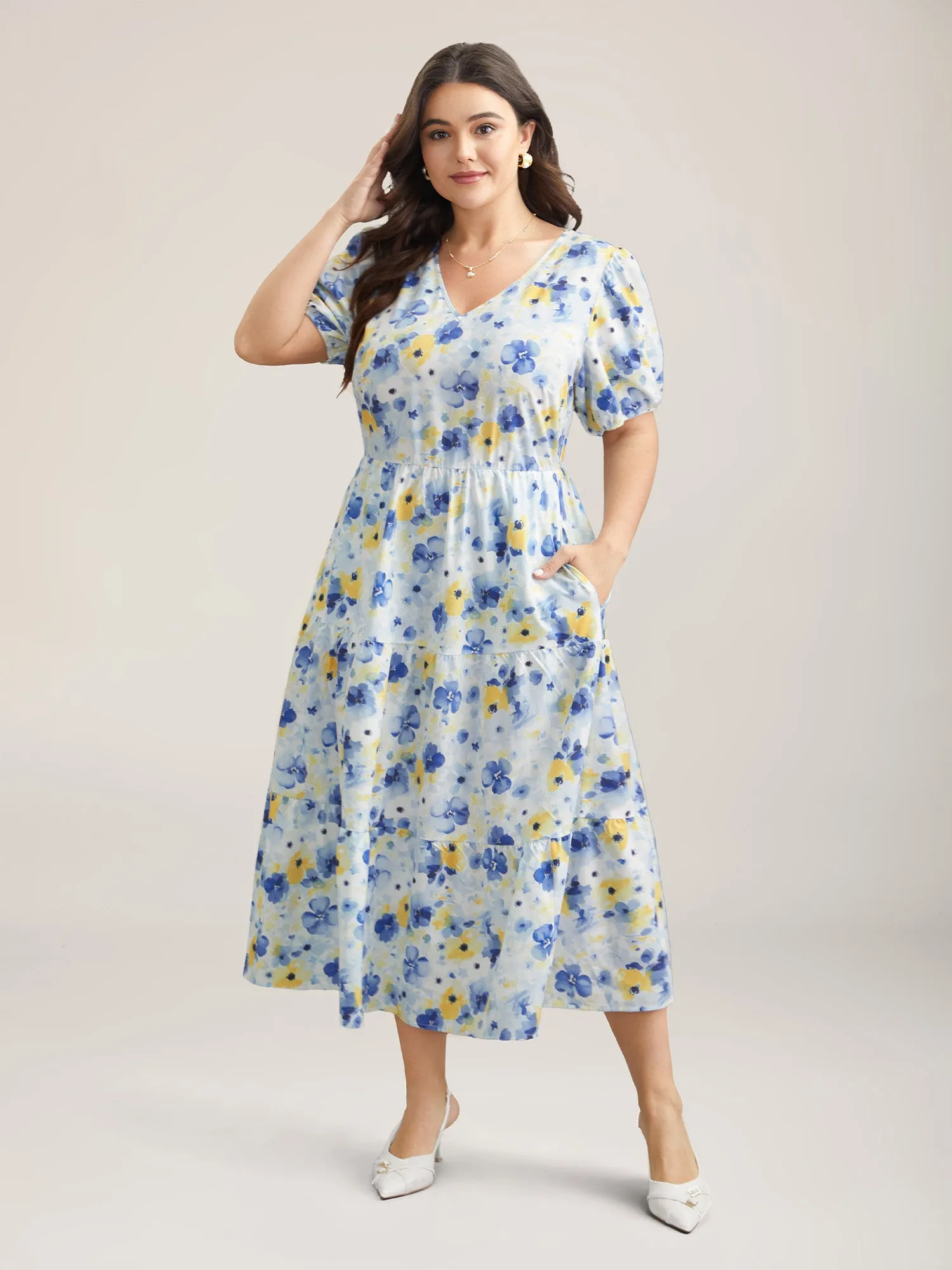 Blooming Flowers Puff Sleeve Stretchy-Waist Dress sold by Bloomchic product image thumbnail 2