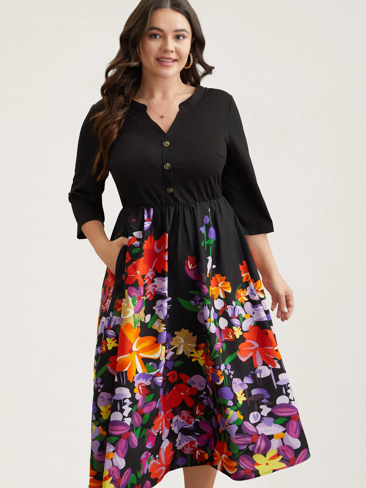 Brush Stroke Flowers Notched Collar Dress sold by Bloomchic
