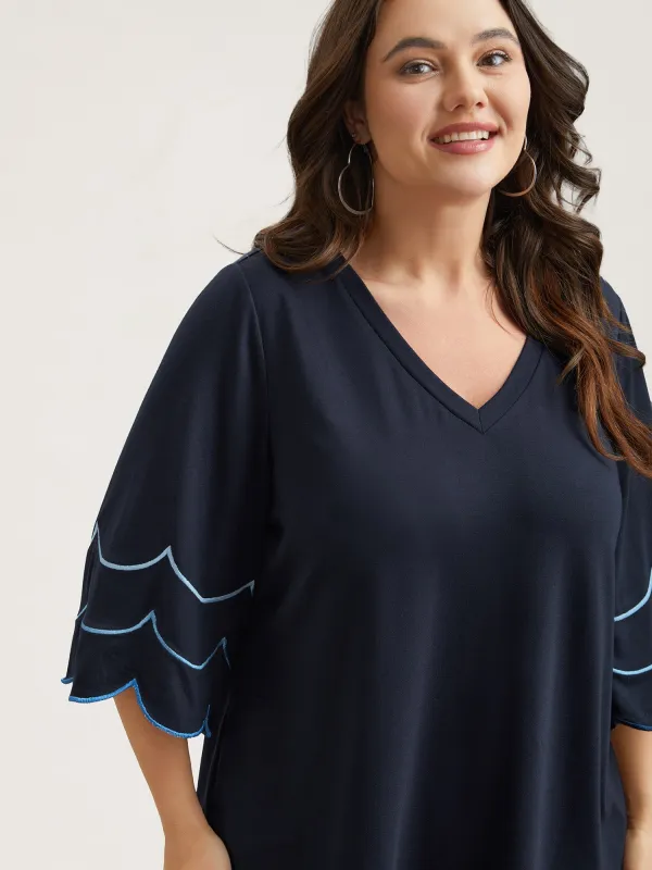 Embroidered Trumpet Sleeve V-Neck T-Shirt sold by Bloomchic