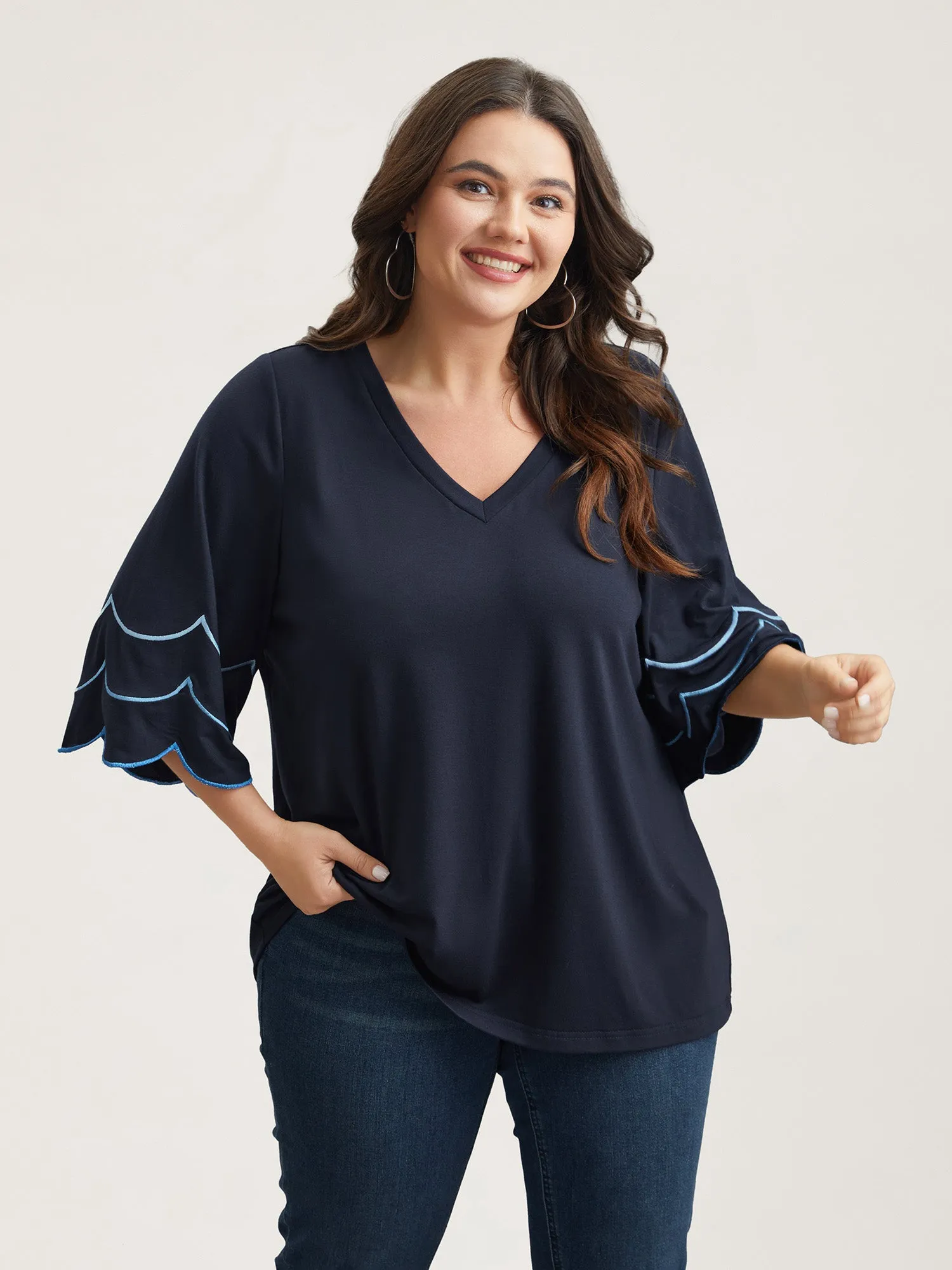 Embroidered Trumpet Sleeve V-Neck T-Shirt sold by Bloomchic product image thumbnail 2