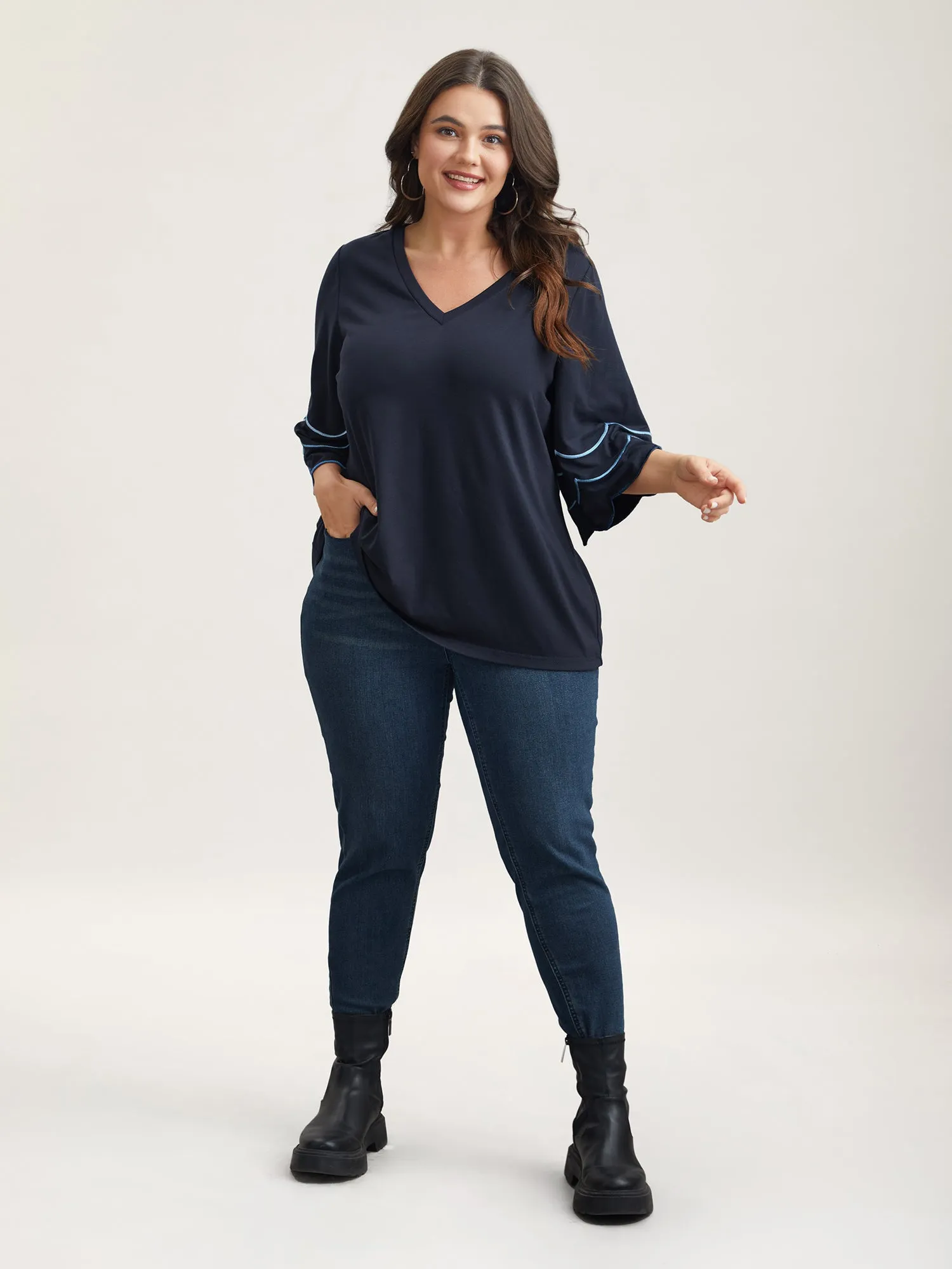 Embroidered Trumpet Sleeve V-Neck T-Shirt sold by Bloomchic product image thumbnail 3