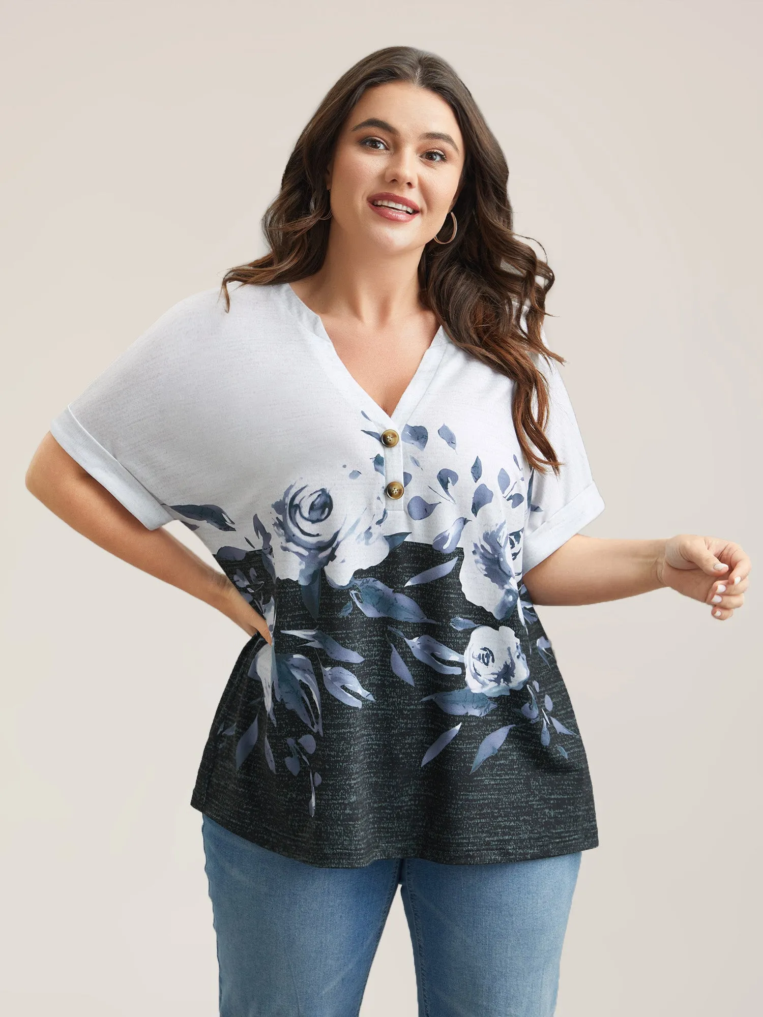 Floral Position Print Half-Sleeve T-Shirt sold by Bloomchic