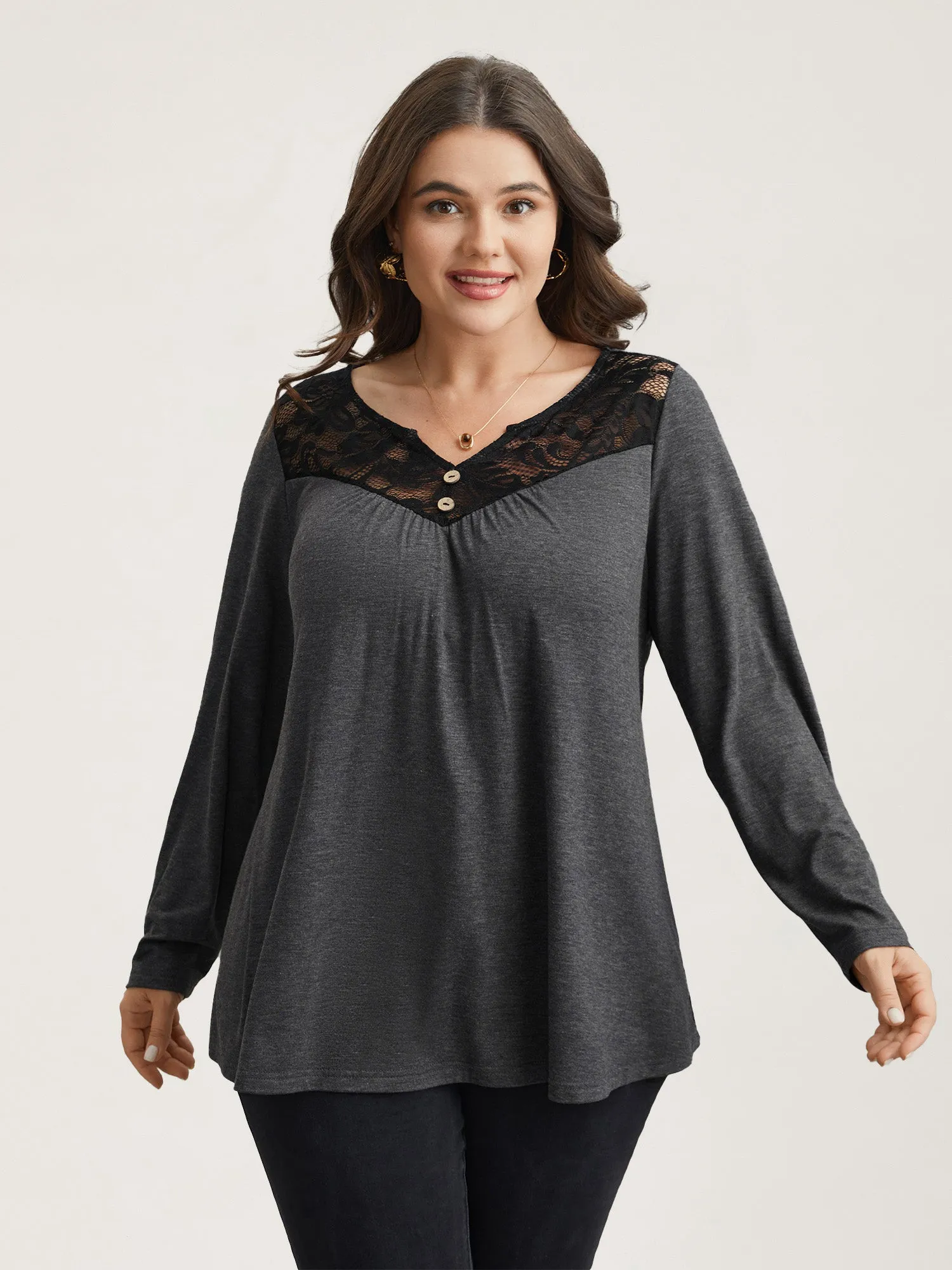 Lace Neck Buttons Pleated T-Shirt sold by Bloomchic