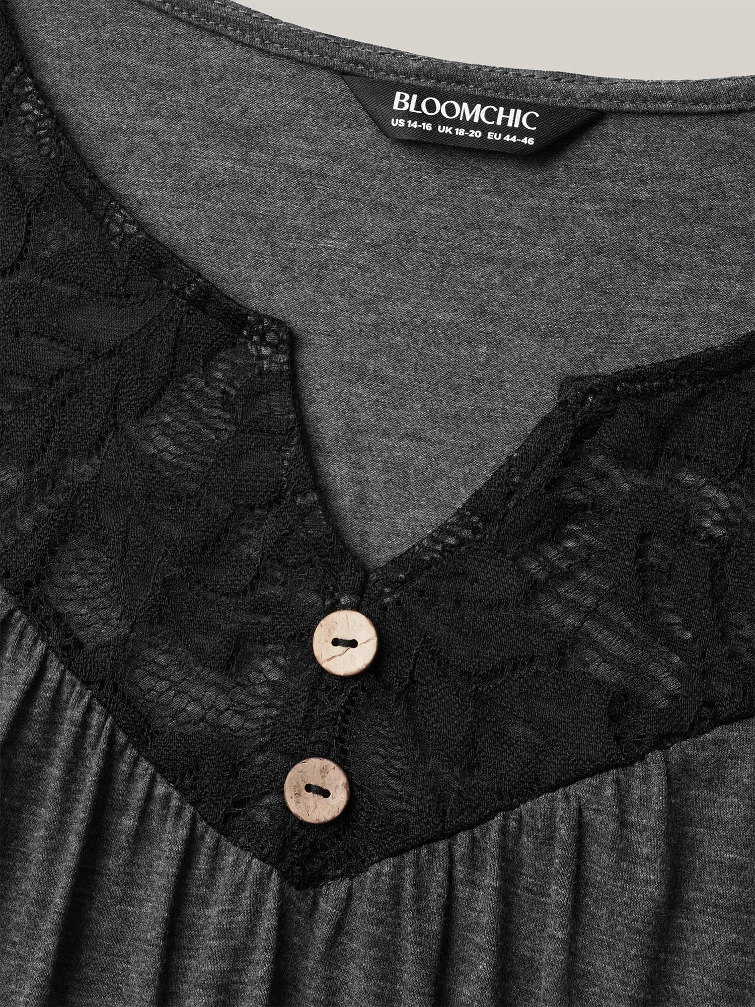 Lace Neck Buttons Pleated T-Shirt sold by Bloomchic product image thumbnail 5