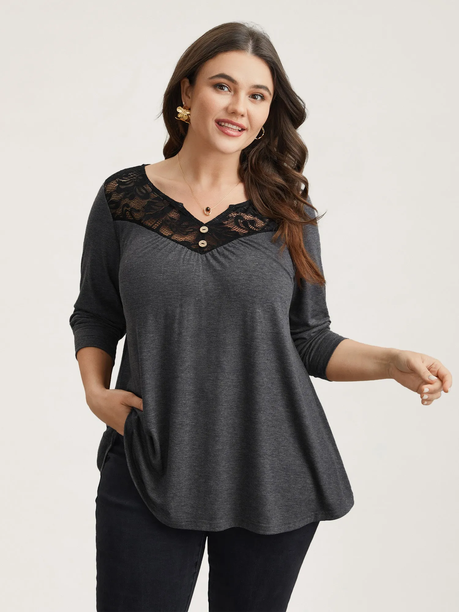 Lace Neck Buttons Pleated T-Shirt sold by Bloomchic product image thumbnail 2