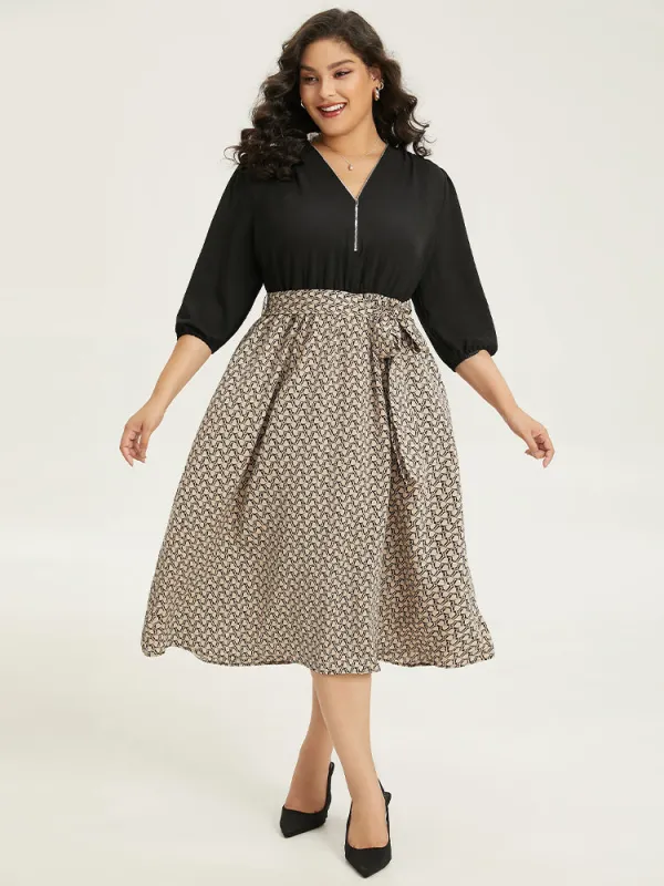 Geometric Graphic Zipper Patchwork Belted Dress sold by Bloomchic
