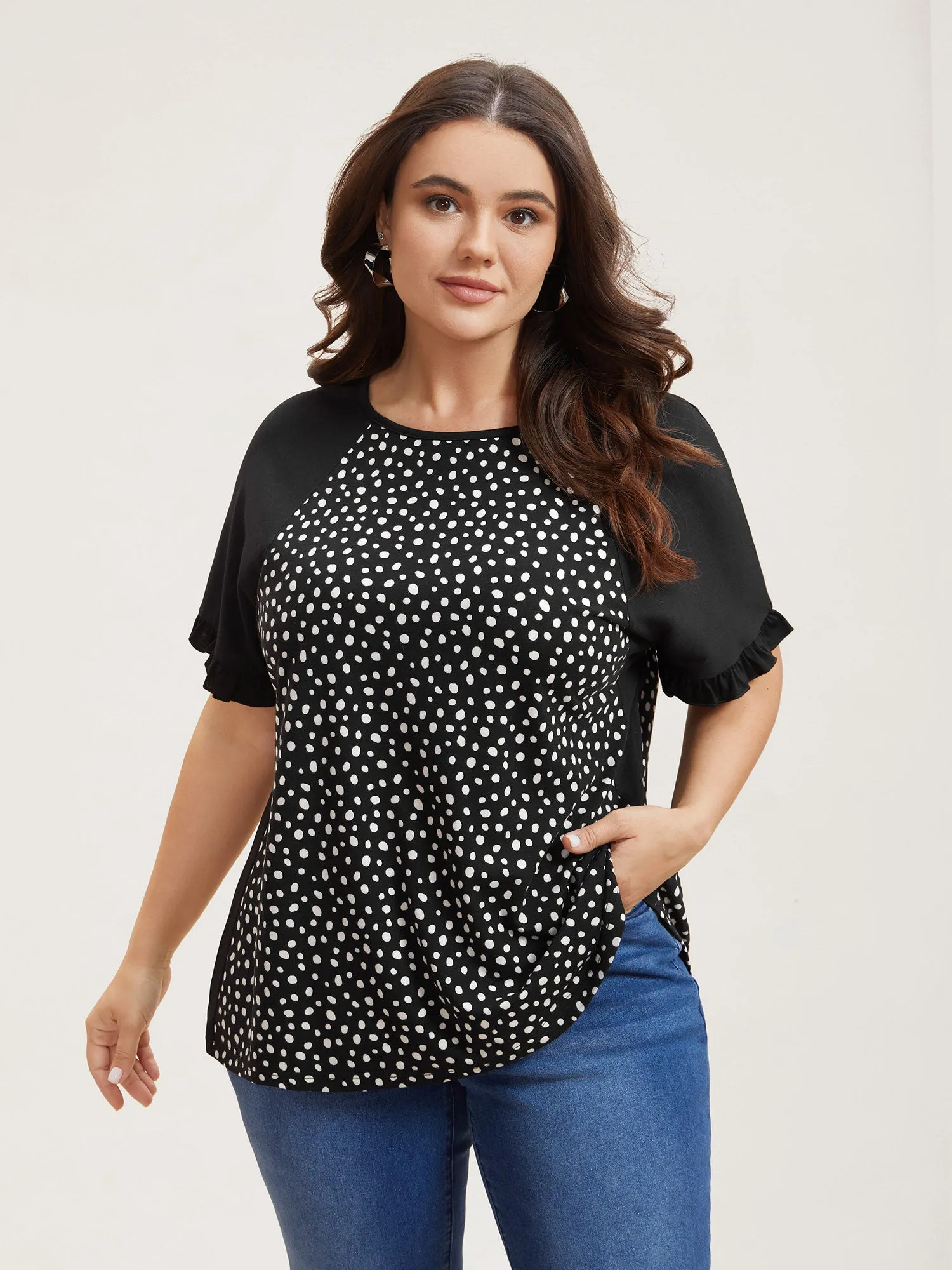 Printed Spliced Raglan Sleeve Ruffled T-Shirt sold by Bloomchic product image thumbnail 2