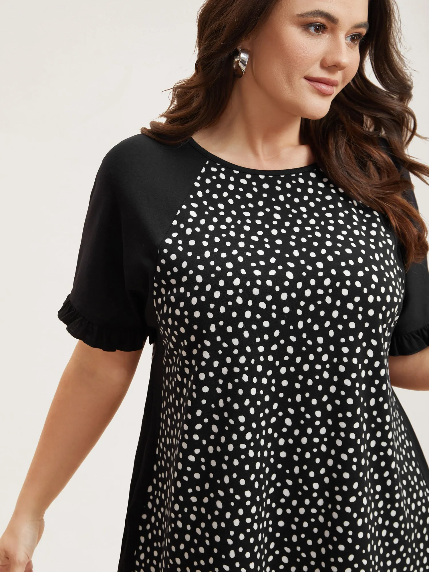 Printed Spliced Raglan Sleeve Ruffled T-Shirt sold by Bloomchic