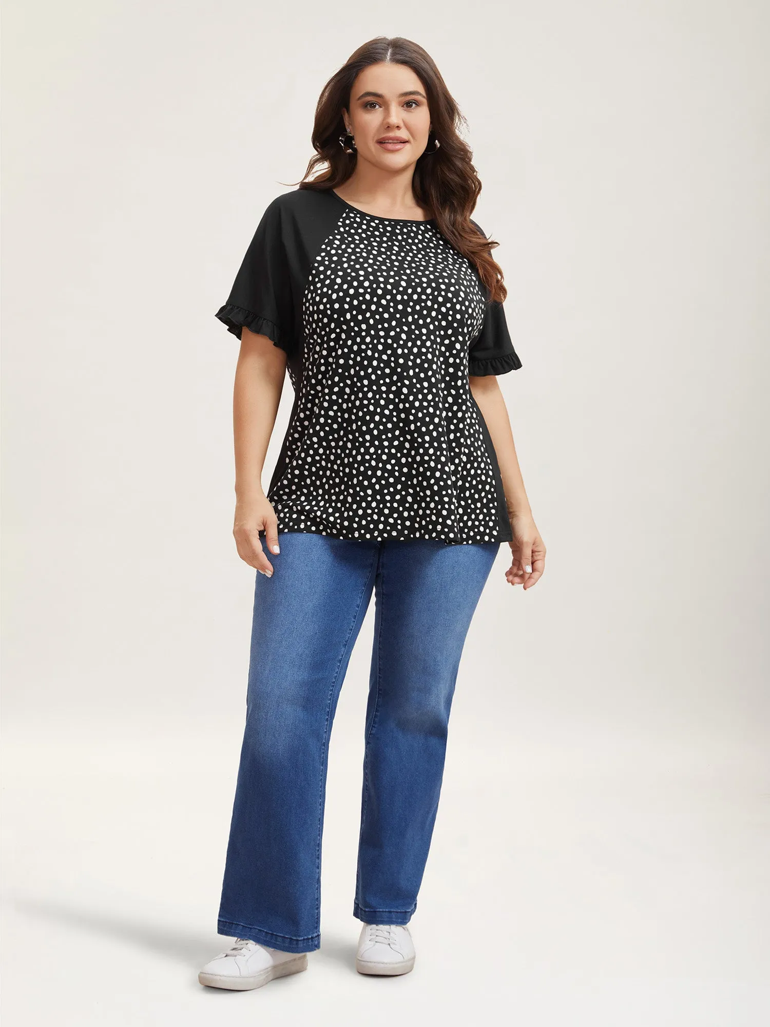 Printed Spliced Raglan Sleeve Ruffled T-Shirt sold by Bloomchic product image thumbnail 3