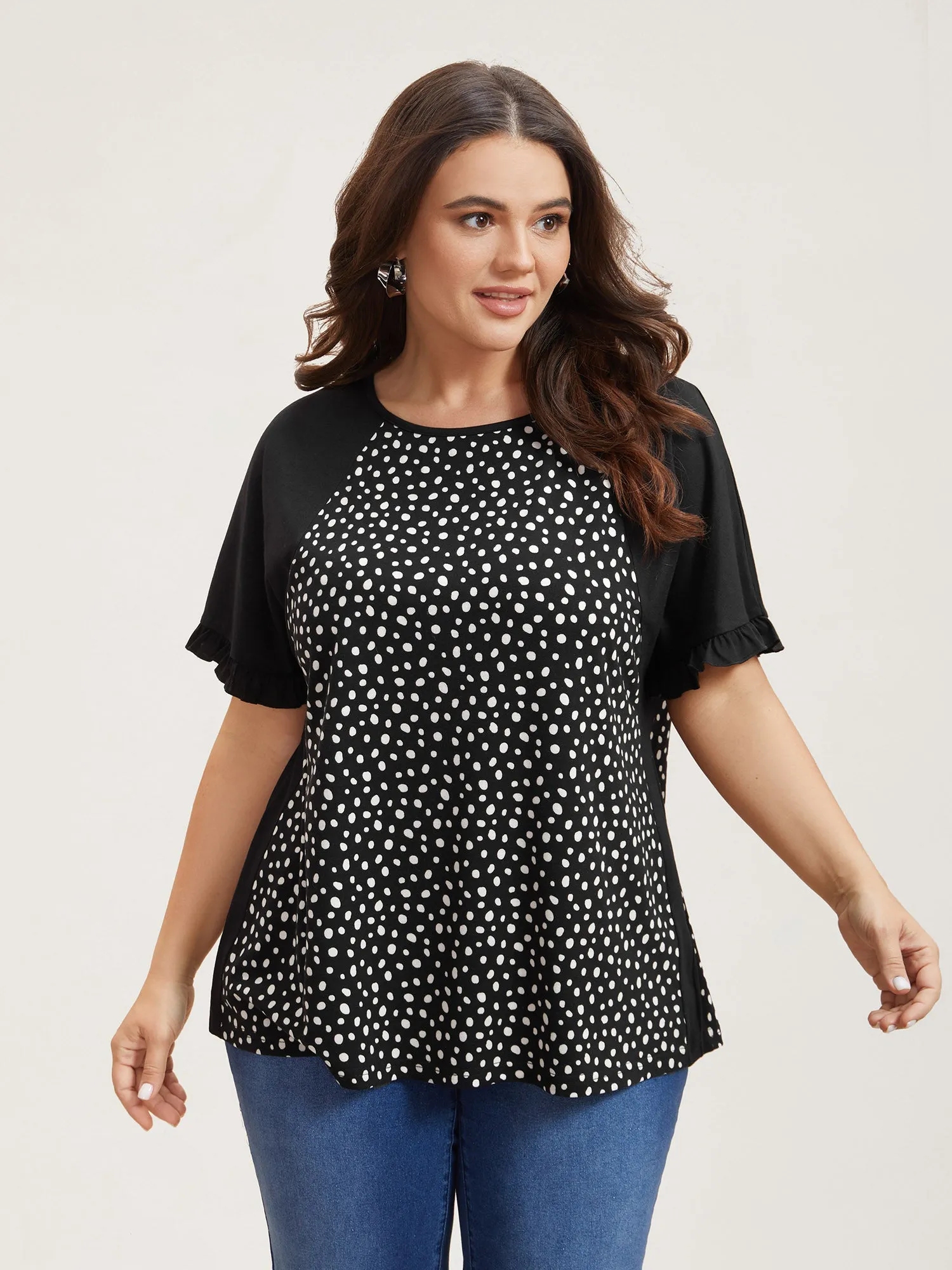 Printed Spliced Raglan Sleeve Ruffled T-Shirt sold by Bloomchic product image thumbnail 4